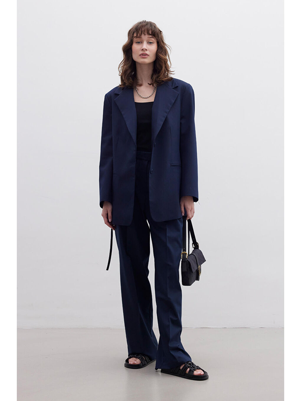 Pileli Geniş Pantolon Lacivert-2