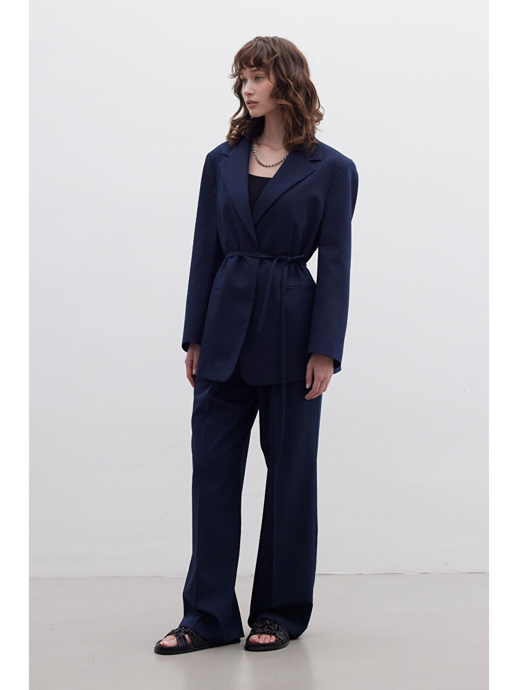 Pileli Geniş Pantolon Lacivert-3