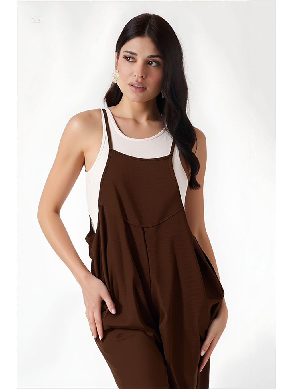 Kahverengi Kadın Çikolata Ayarlanabilir Askılı Cepli Bol Paça Bahçıvan Tulum HZL22S-BD170191-3