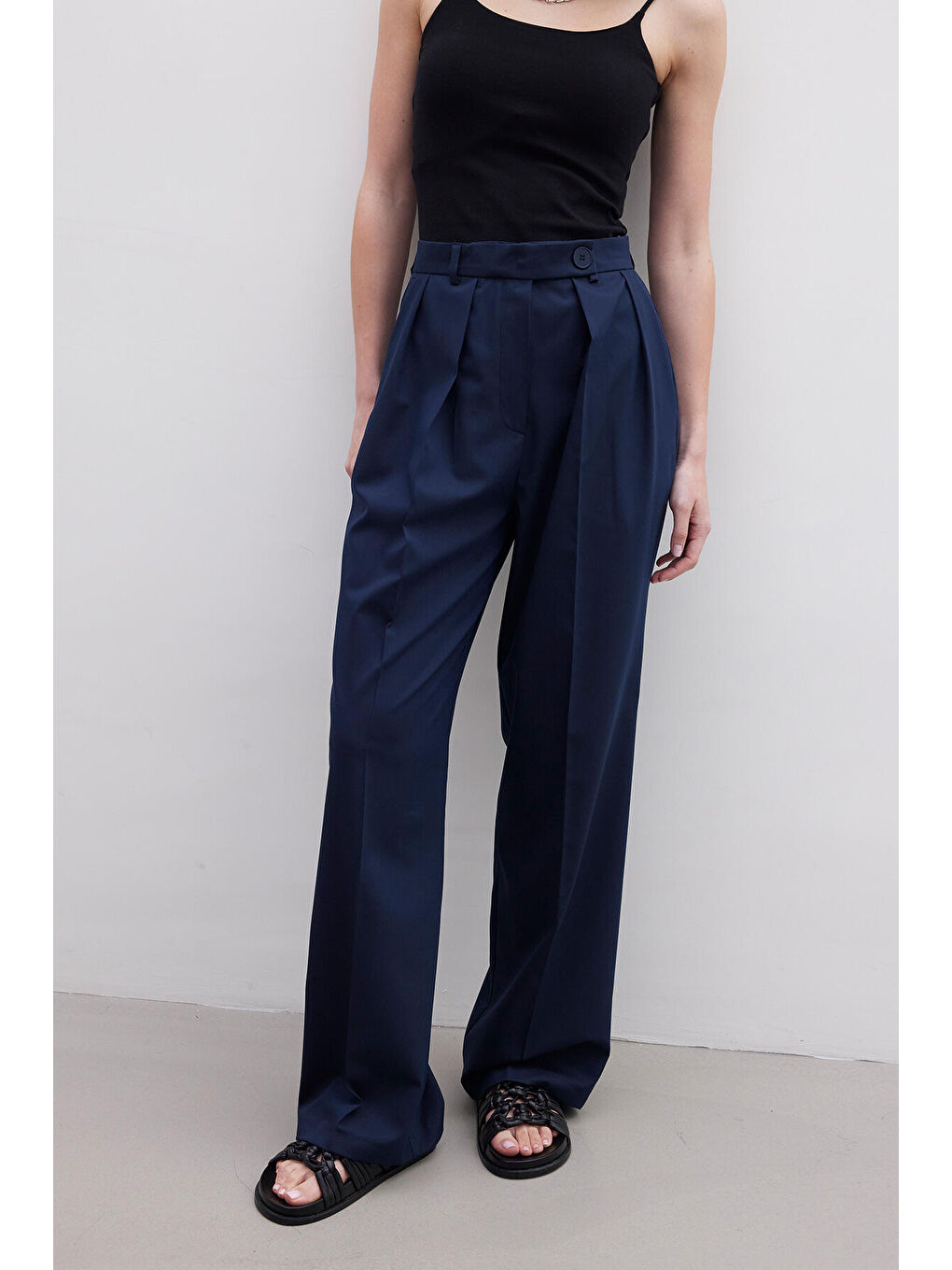 Pileli Geniş Pantolon Lacivert-5