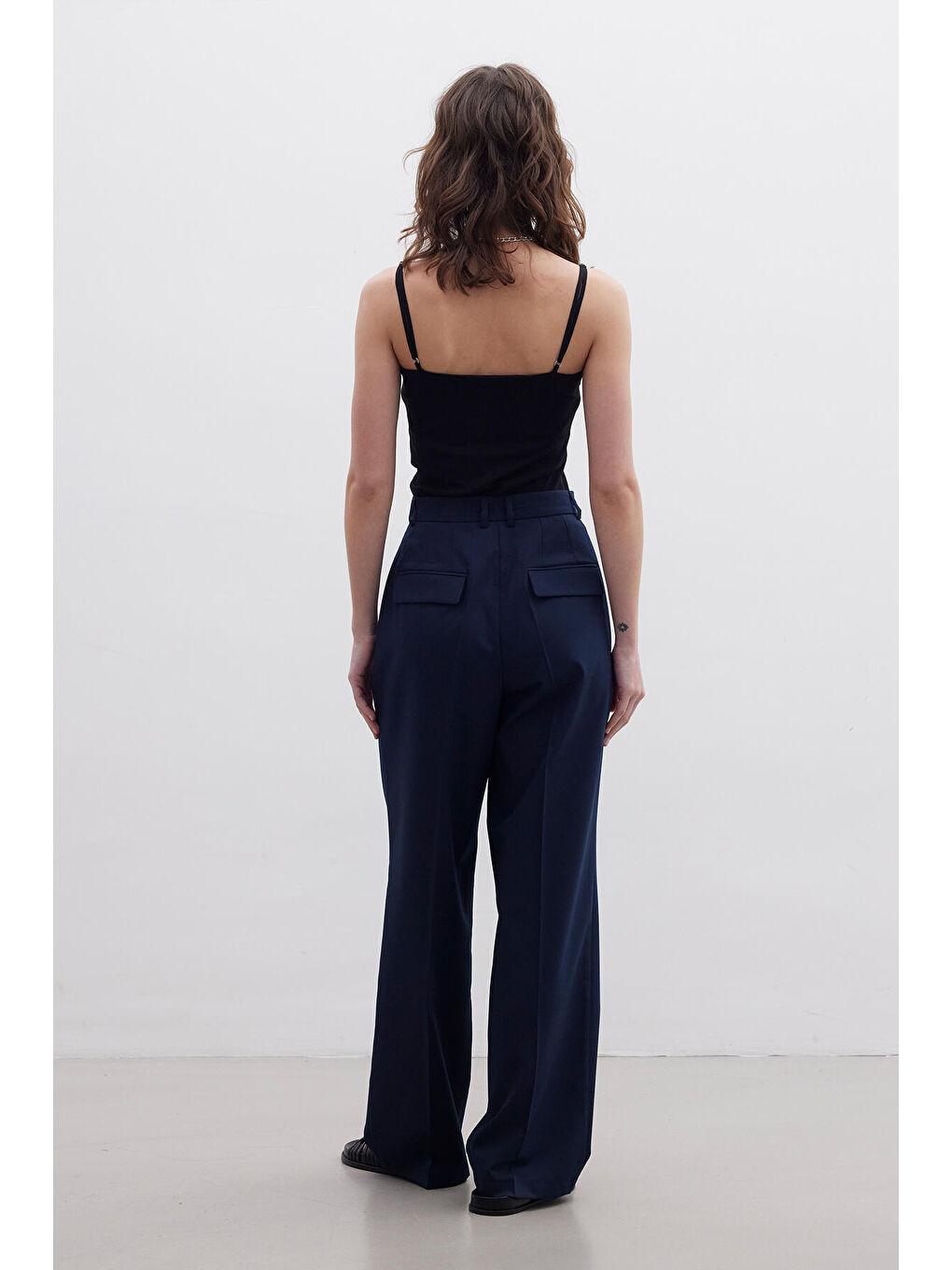 Pileli Geniş Pantolon Lacivert-6