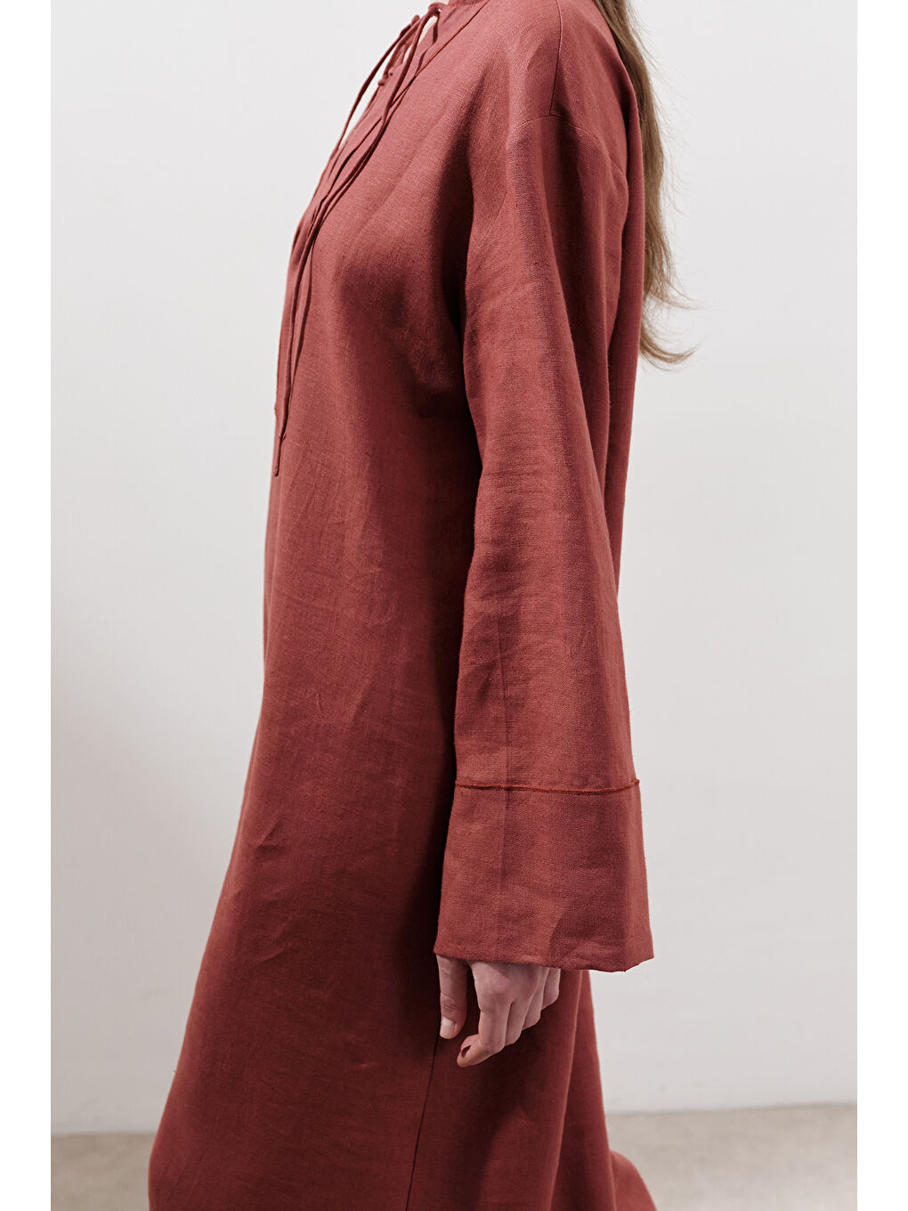 Kahverengi Keten Bağlama Detaylı Elbise Kiremit-2