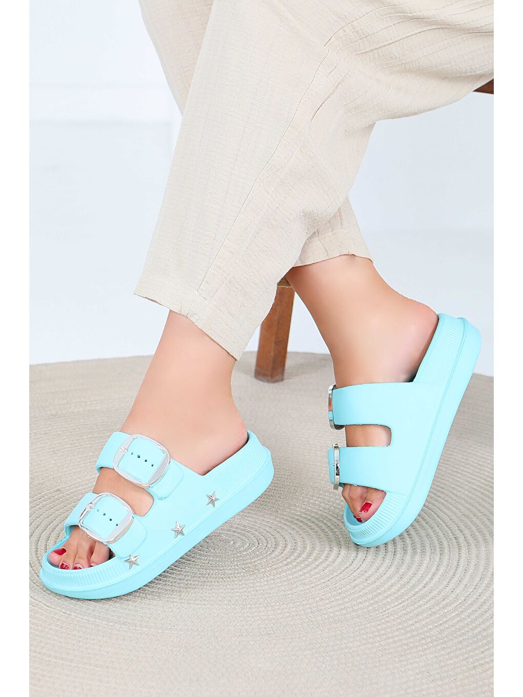 Yeşil Kadın Mint Çift Kemerli Terlik - 27565-1