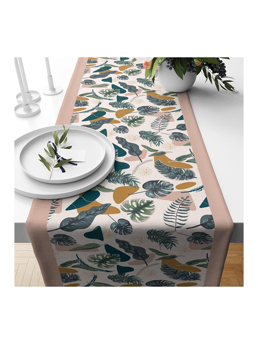 Karışık Yaprak Desen Kadife Runner 40x140 cm