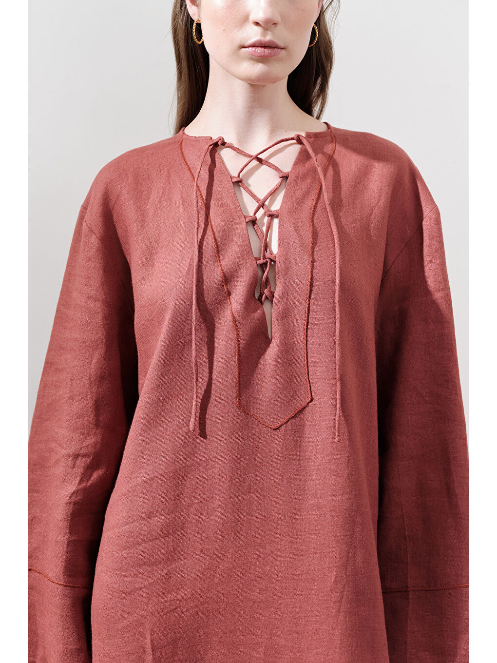 Kahverengi Keten Bağlama Detaylı Elbise Kiremit-4