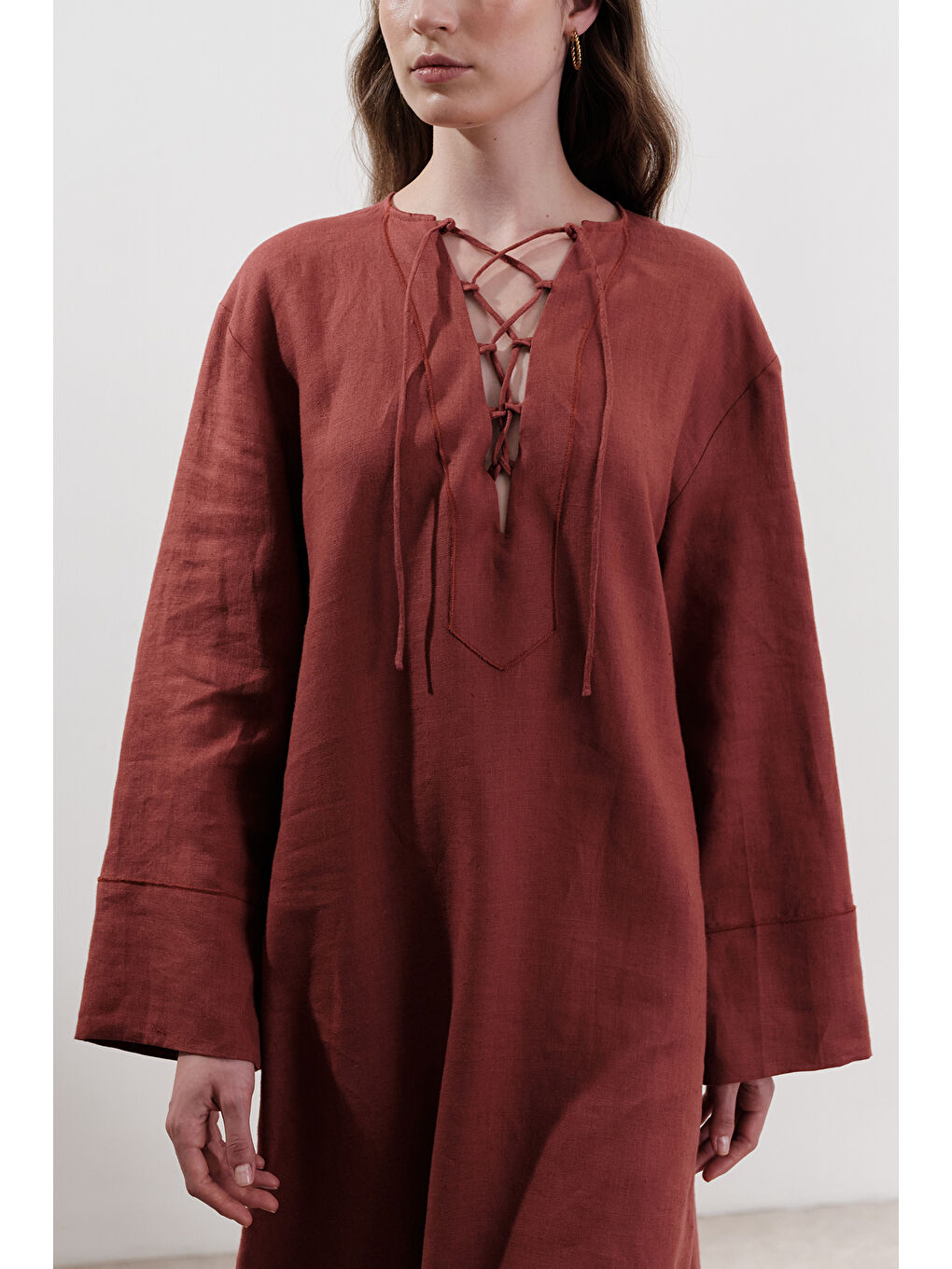 Kahverengi Keten Bağlama Detaylı Elbise Kiremit-5