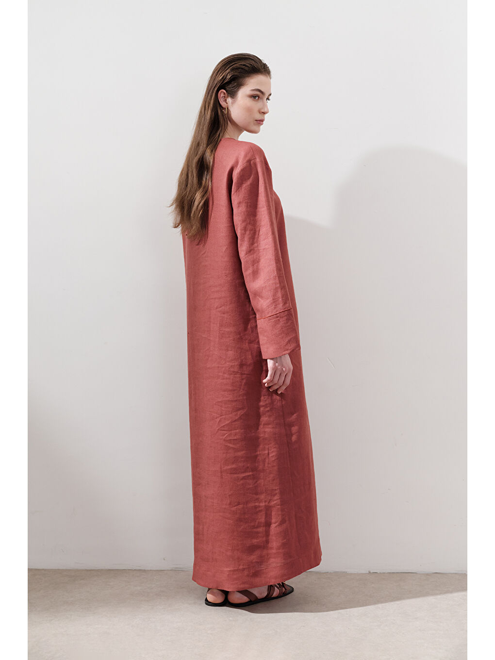 Kahverengi Keten Bağlama Detaylı Elbise Kiremit-7