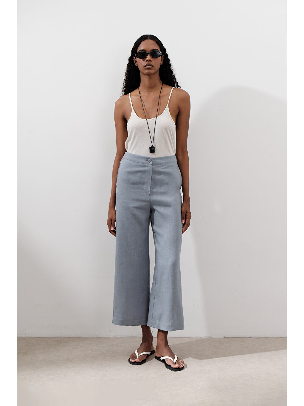 Keten Geniş Paça Pantolon Mavi-2