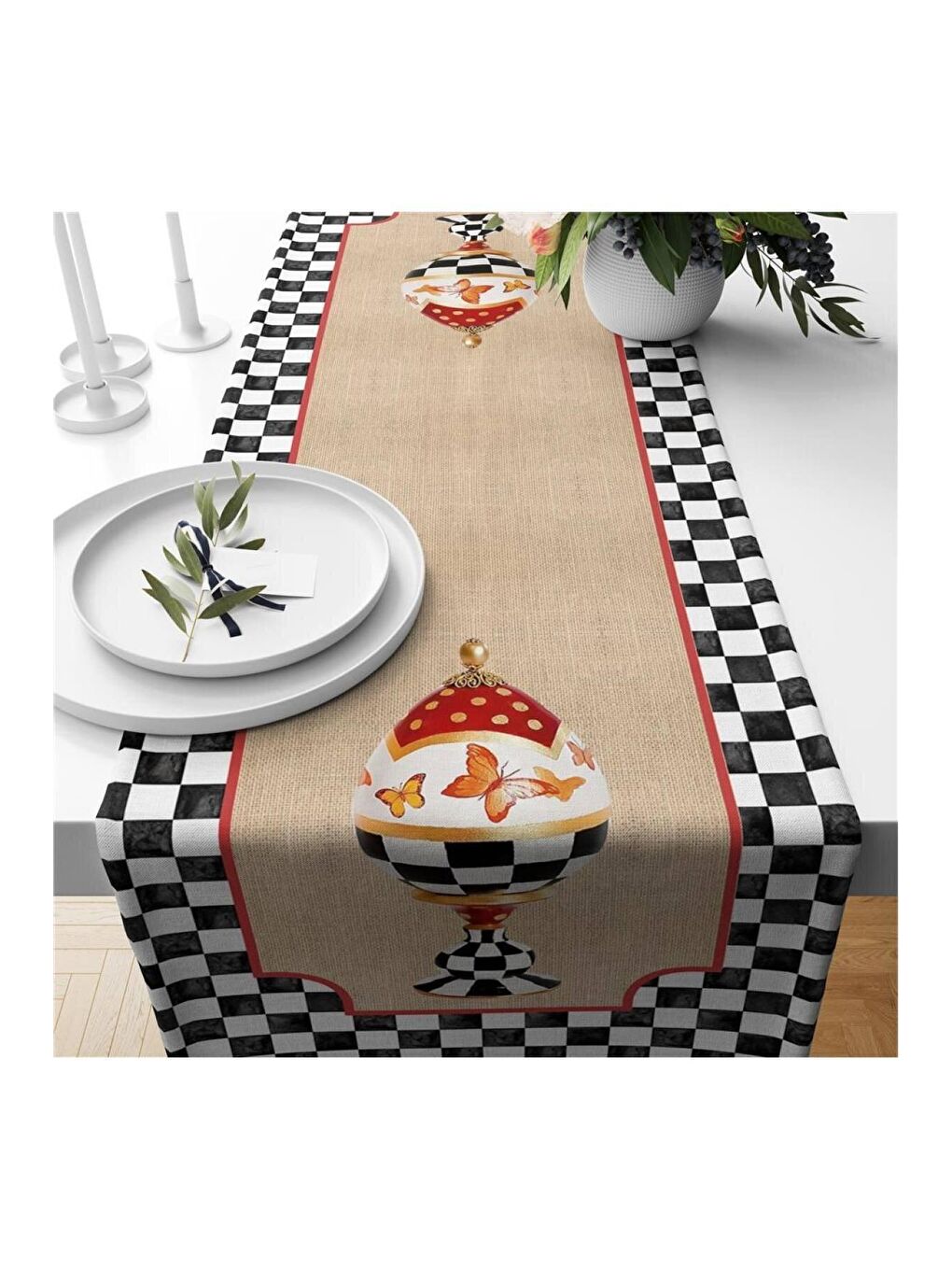 Karışık Siyah Pötikare Desenli Kadife Runner 40x140 cm