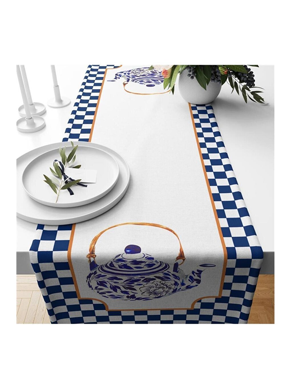 Karışık Mavi Pötikare Desenli Kadife Runner 40x140 cm