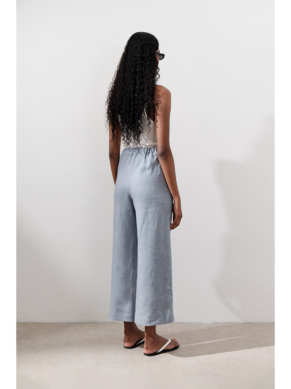 Keten Geniş Paça Pantolon Mavi-4