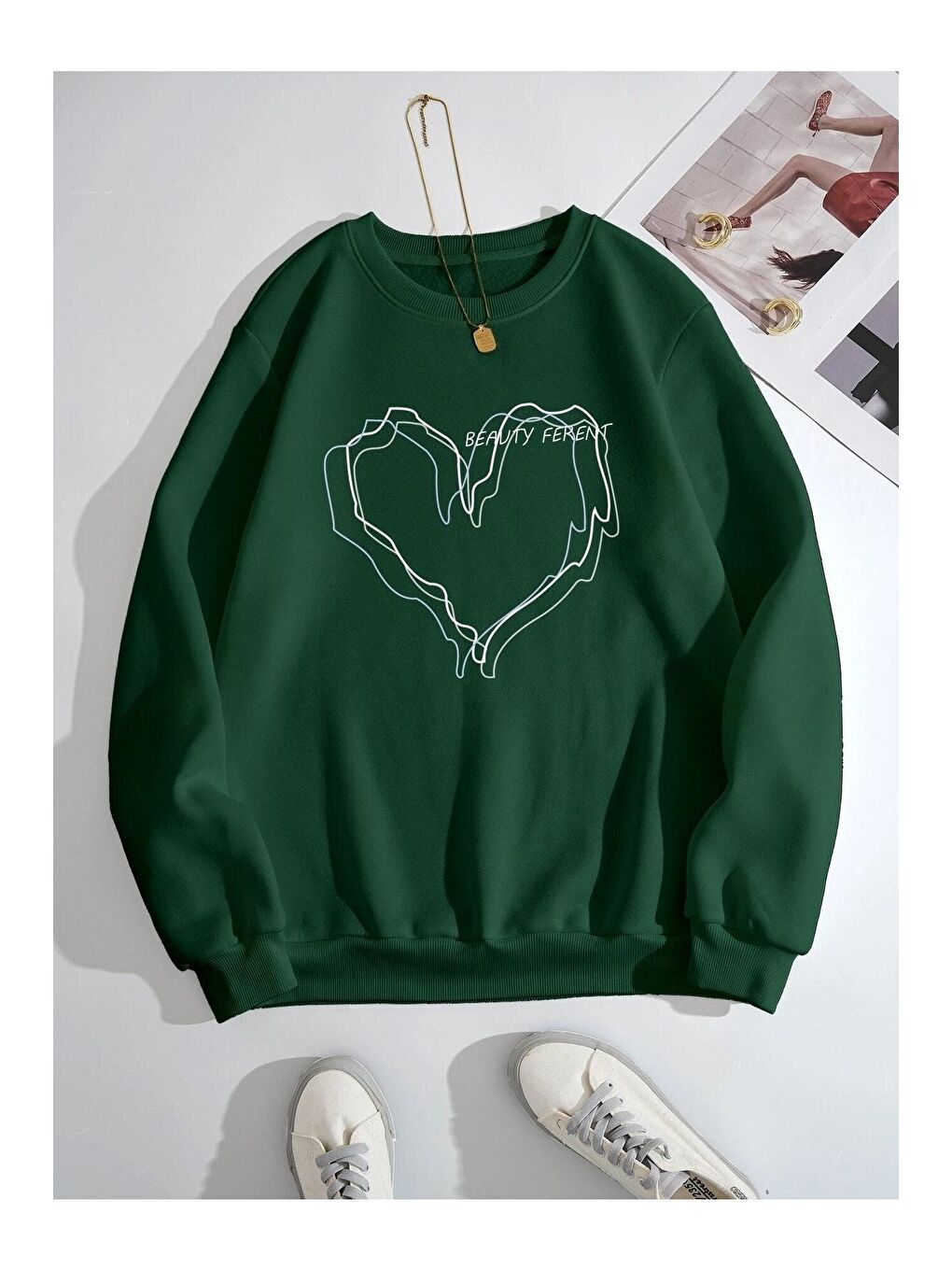 Trendseninle Yeşil Kadın YEŞİL Çizgili Kalp Baskılı Oversize Sweatshirt