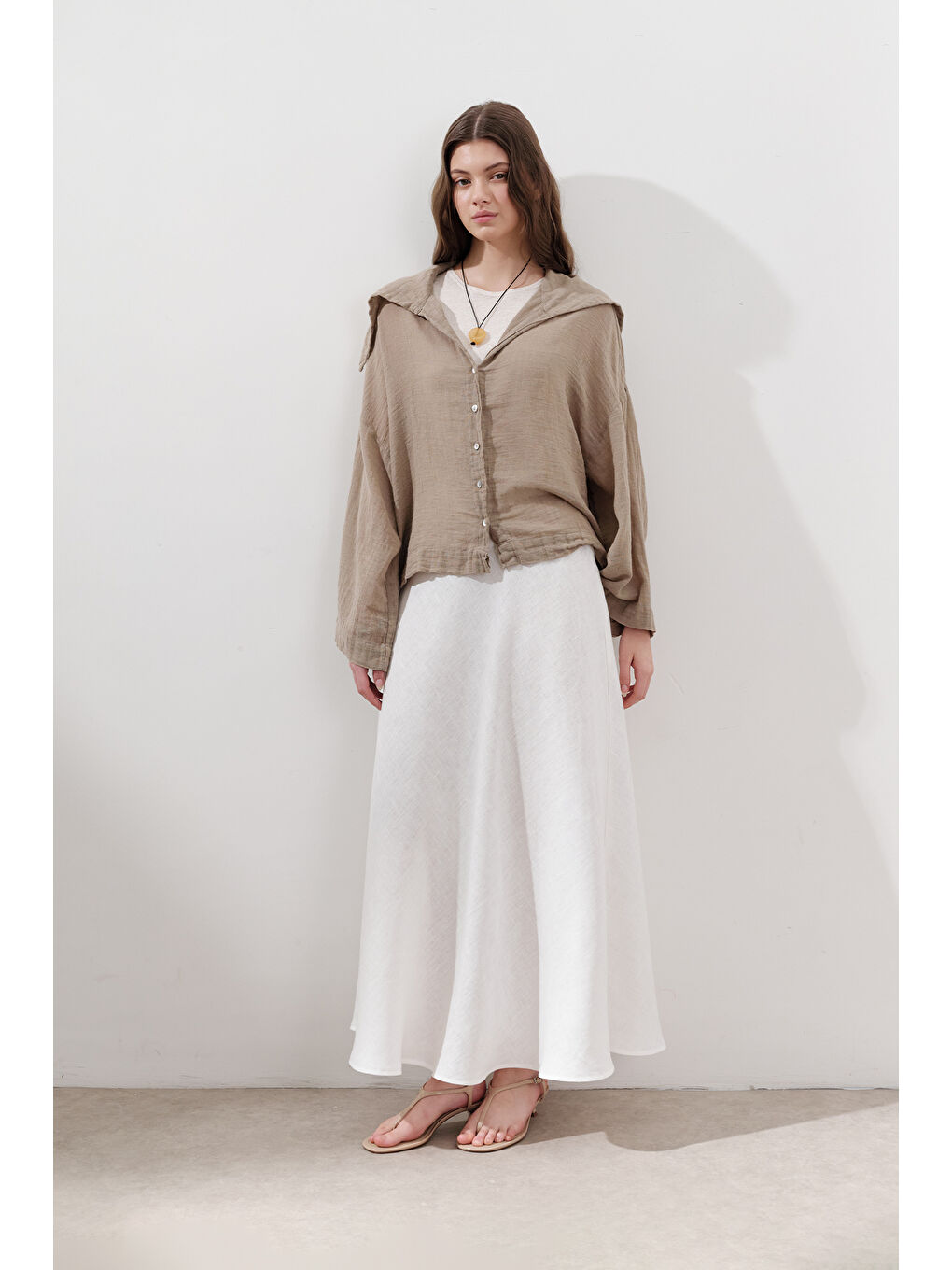 Keten Dikiş Detaylı Etek Ekru-1