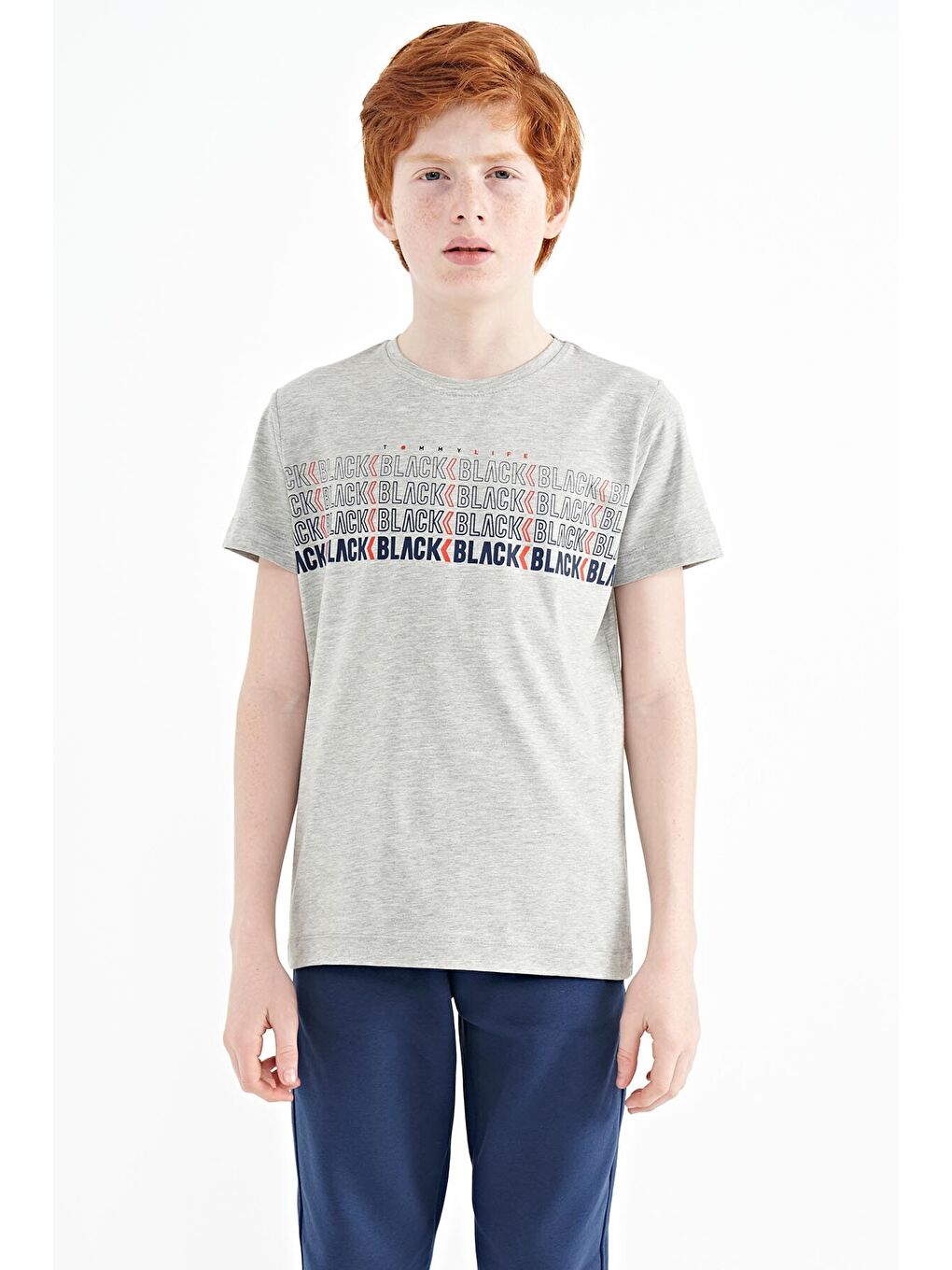 Gri Melanj Yazı Baskılı O Yaka Standart Kalıp Erkek Çocuk Tişört - 11149