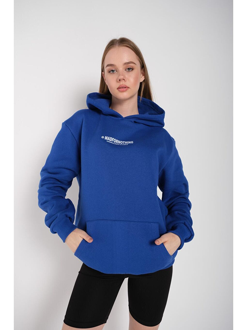 Trendseninle Mavi Kadın Saks MAVİ Mad For Nothing Baskılı Oversize Kapüşonlu Sweatshirt - 1