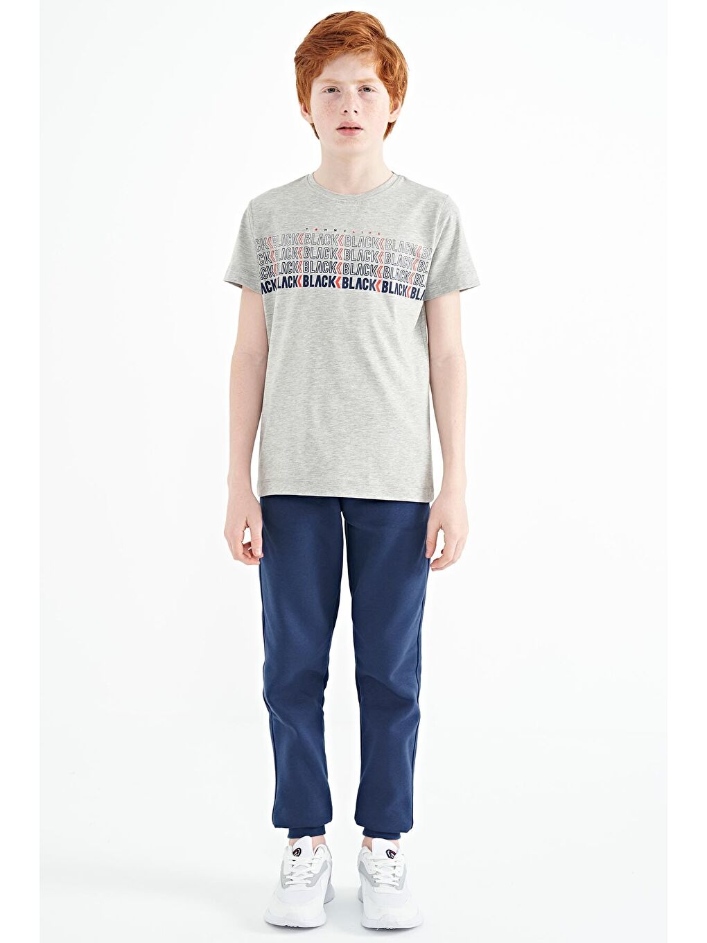 Gri Melanj Yazı Baskılı O Yaka Standart Kalıp Erkek Çocuk Tişört - 11149-2