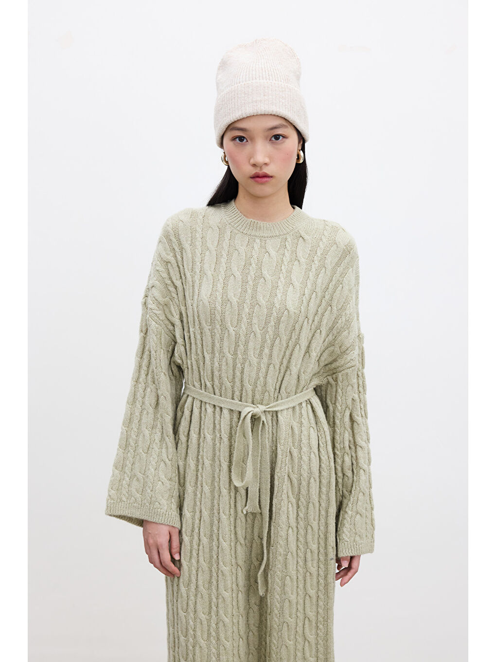 Saç Örgülü Triko Elbise Soft Yeşil-1