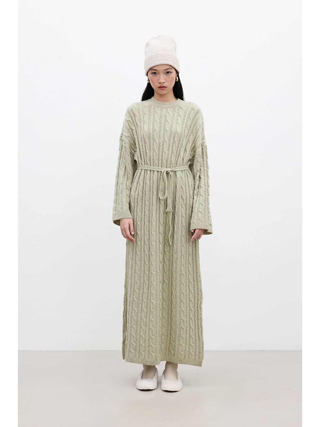 Saç Örgülü Triko Elbise Soft Yeşil-2