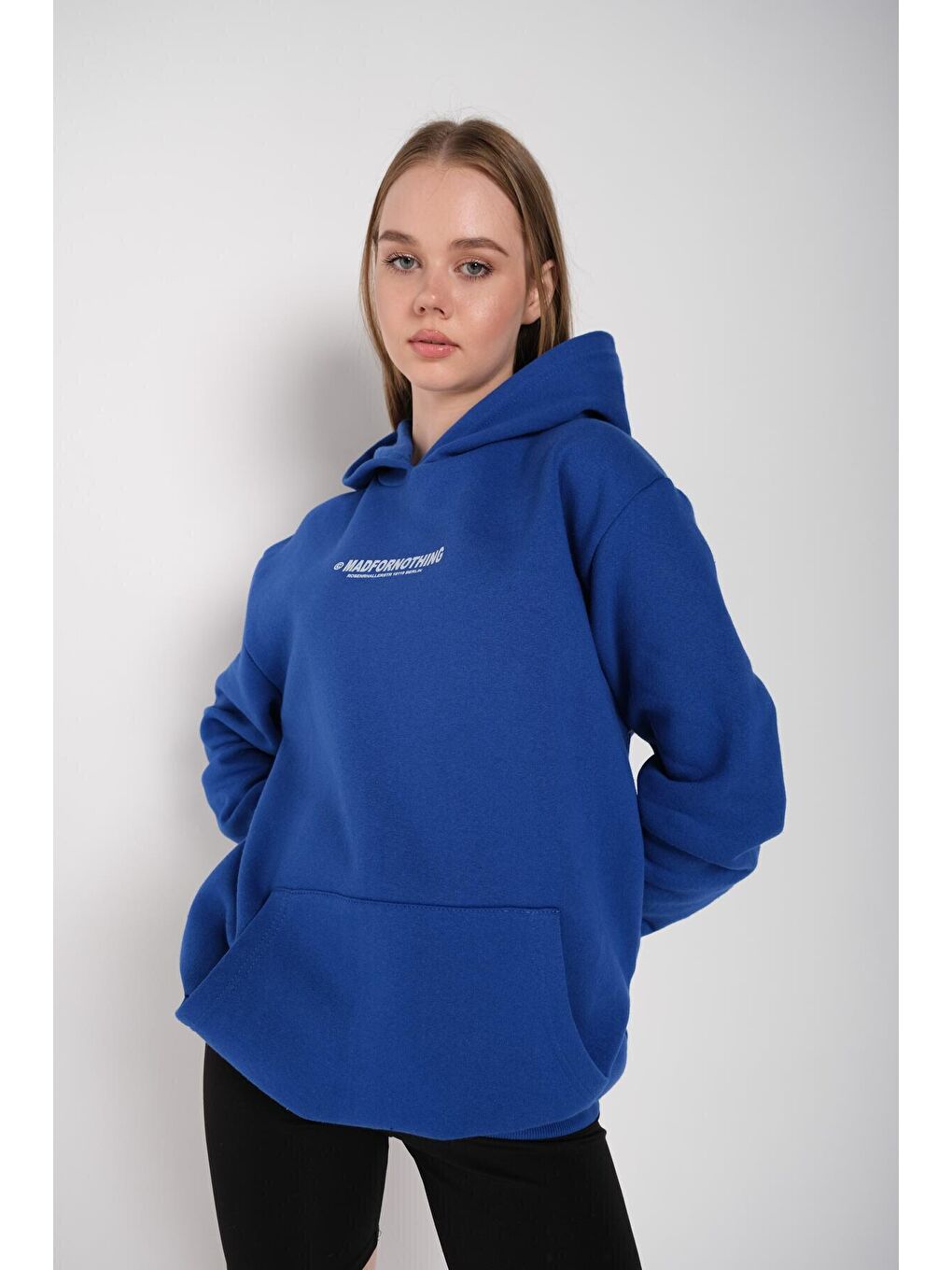 Trendseninle Mavi Kadın Saks MAVİ Mad For Nothing Baskılı Oversize Kapüşonlu Sweatshirt - 3