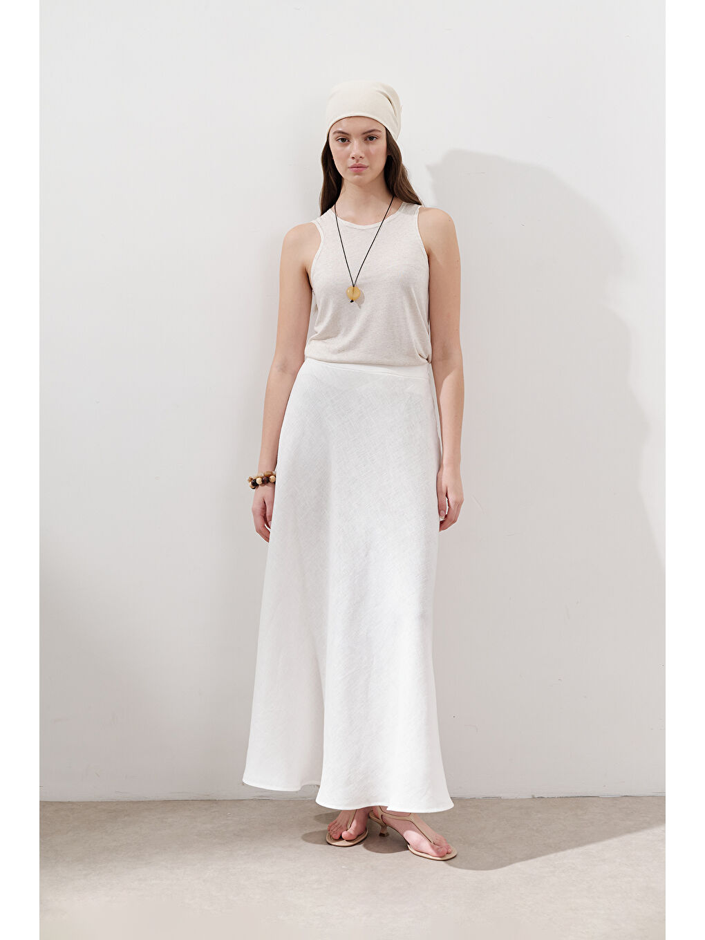 Keten Dikiş Detaylı Etek Ekru-4
