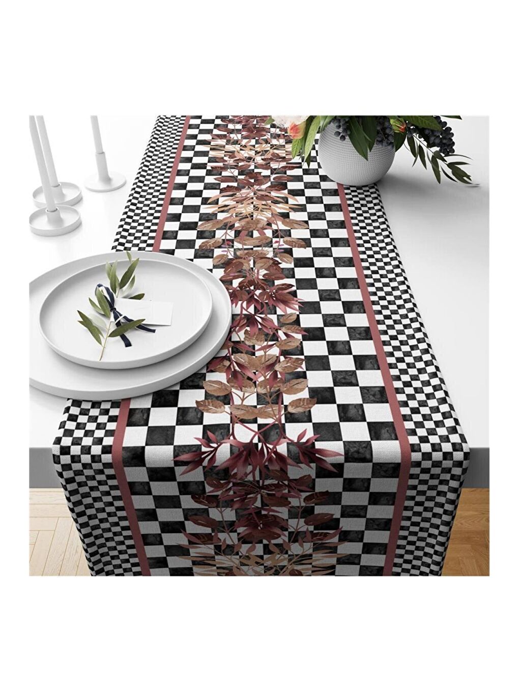 Karışık Siyah Pötikare Desenli Kadife Runner 40x140 cm