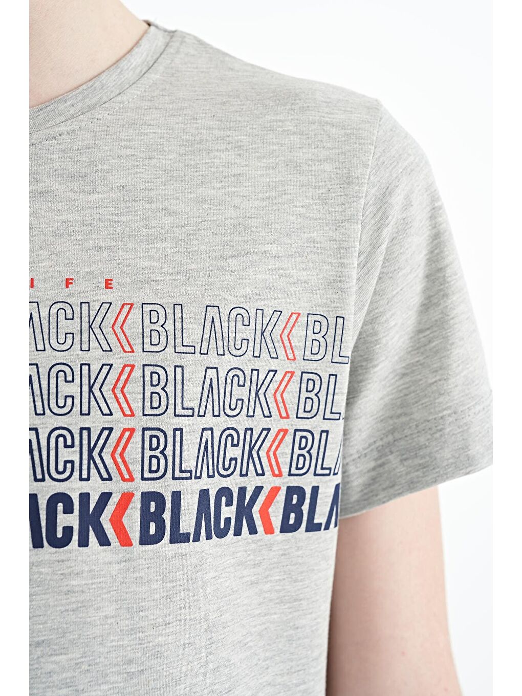 Gri Melanj Yazı Baskılı O Yaka Standart Kalıp Erkek Çocuk Tişört - 11149-4
