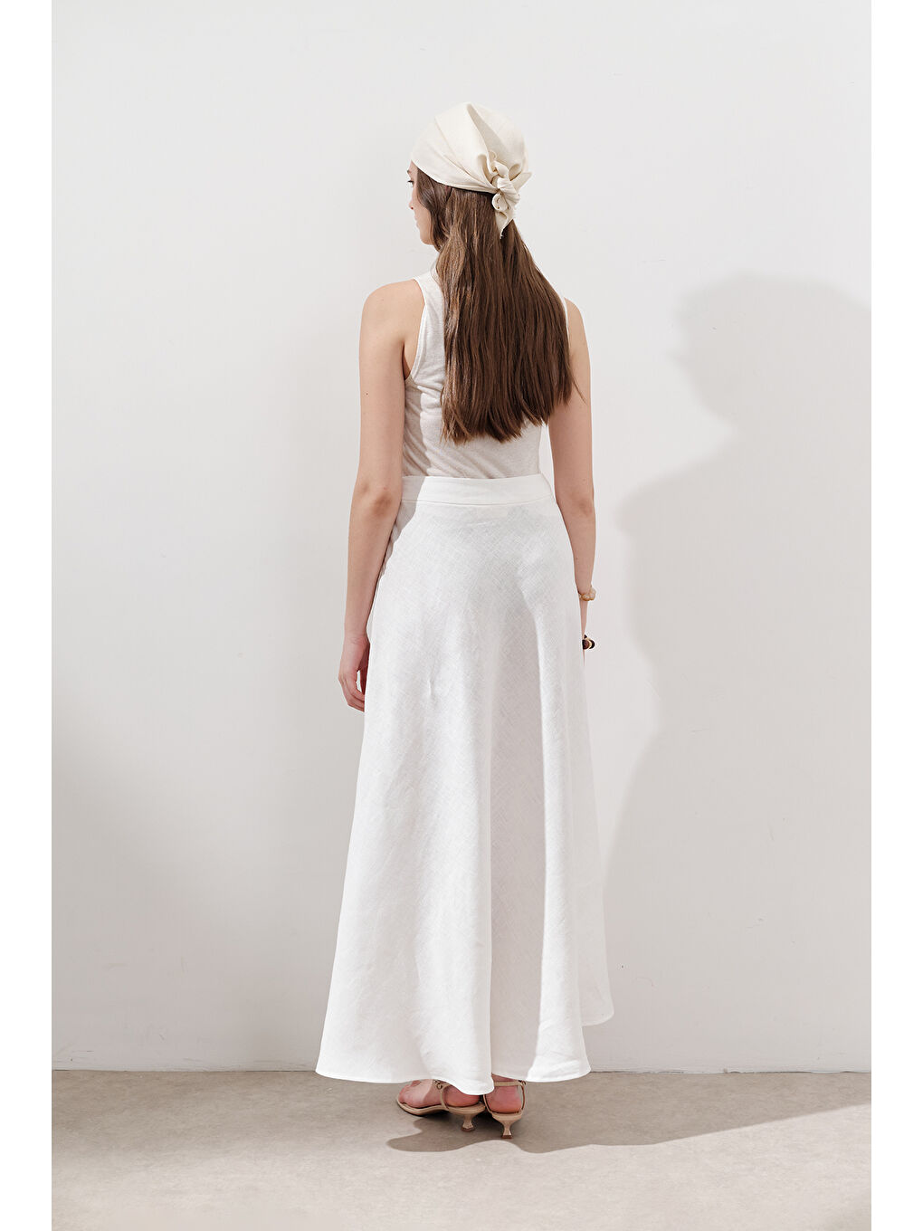 Keten Dikiş Detaylı Etek Ekru-7