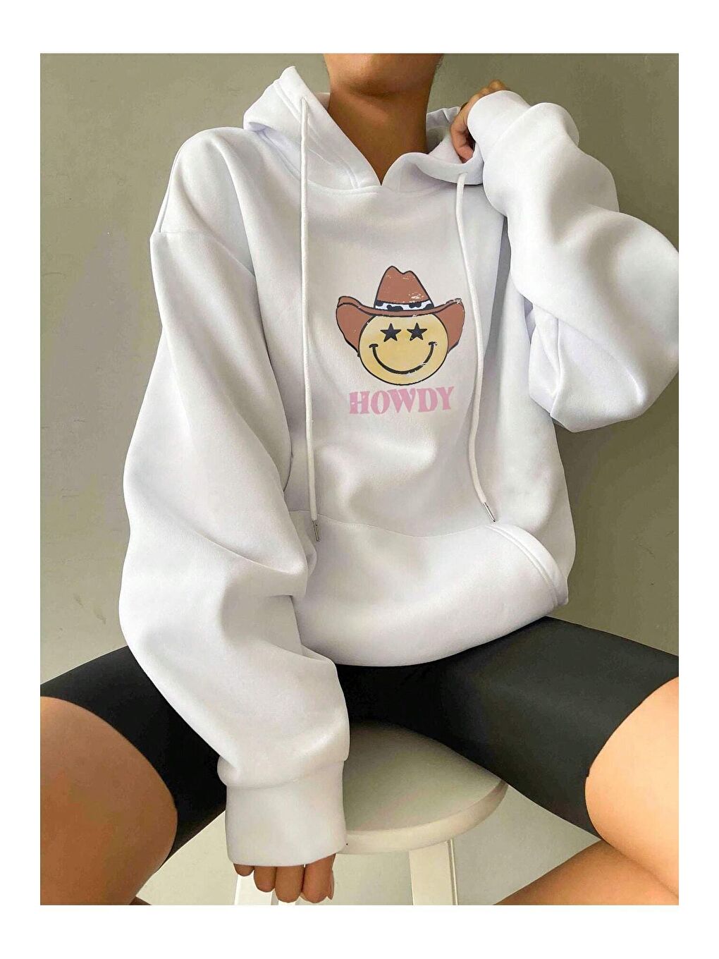 Trendseninle Beyaz Kadın BEYAZ Howdy Baskılı Kapüşonlu Sweatshirt