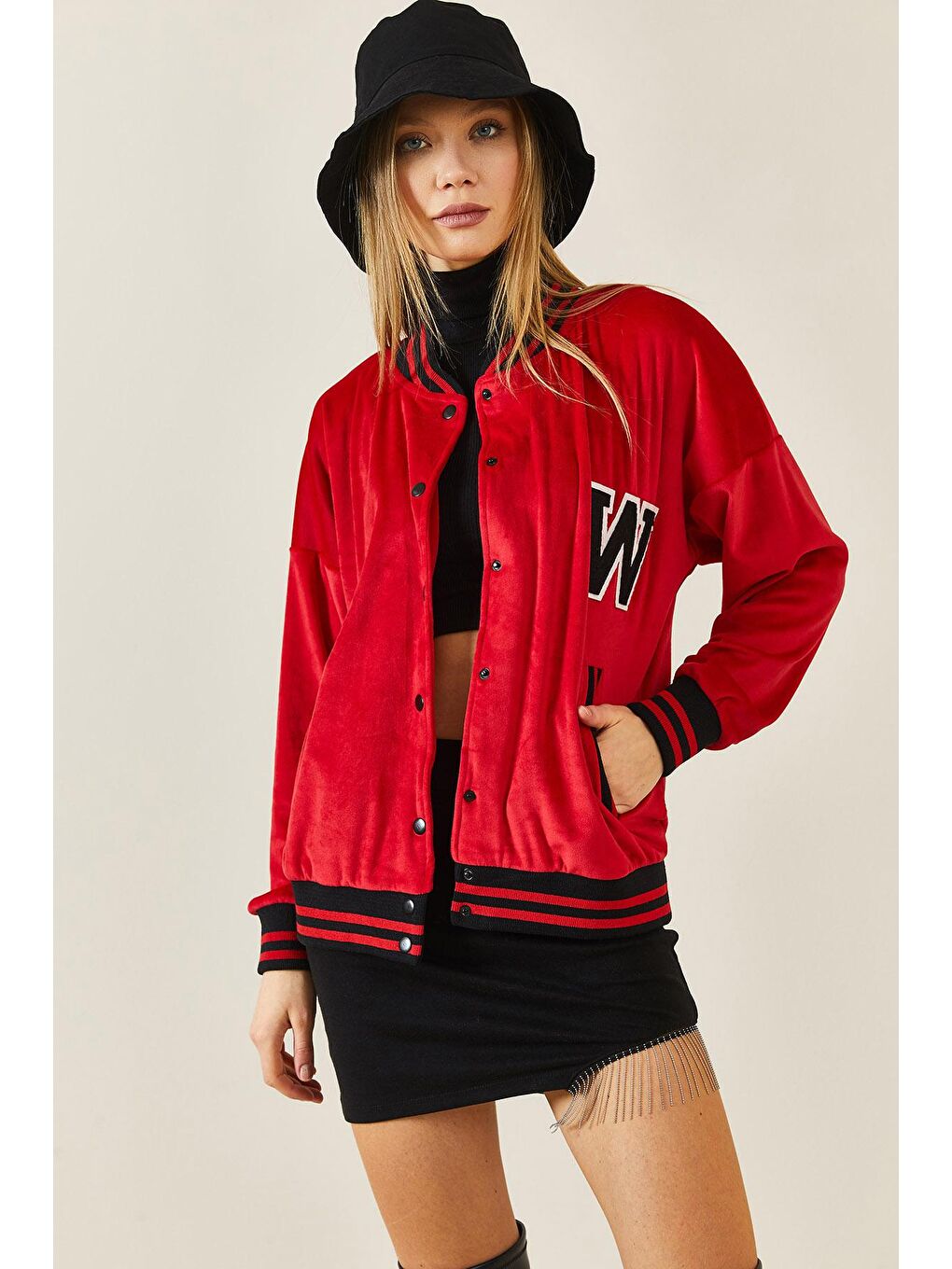 Kırmızı Şeritli Kadife Bomber Ceket 3KXK4-46853-04