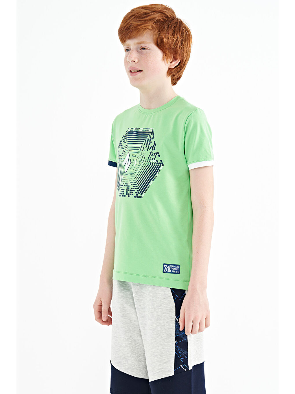 Neon Yeşil Kol Ucu Renkli Detaylı Baskılı Standart Kalıp Erkek Çocuk Tişört - 11156-4
