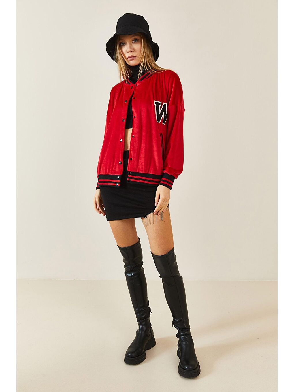 Kırmızı Şeritli Kadife Bomber Ceket 3KXK4-46853-04-2