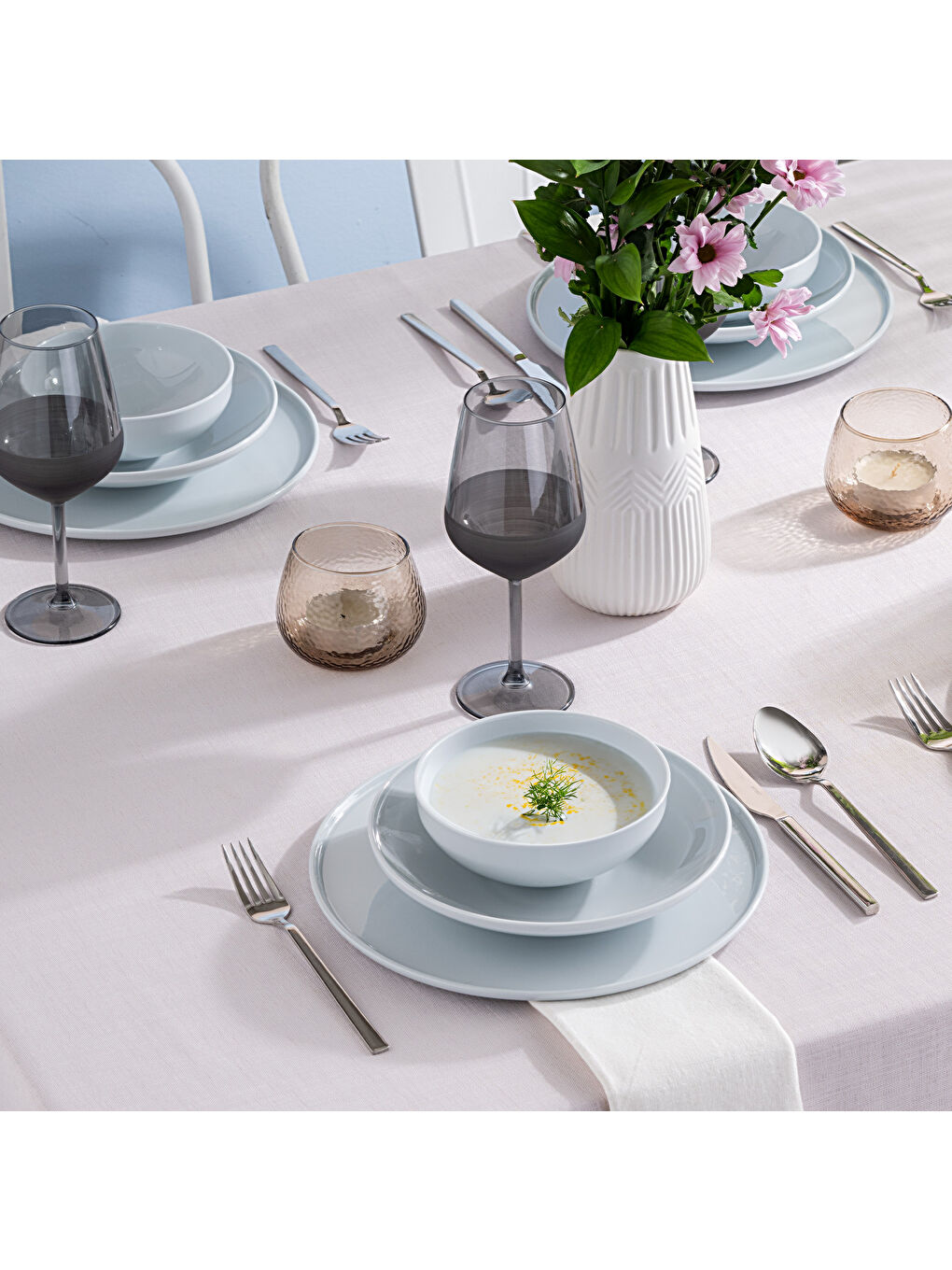 Beyaz Sara 18 Parça 6 kişilik Yemek Takımı Gri-3