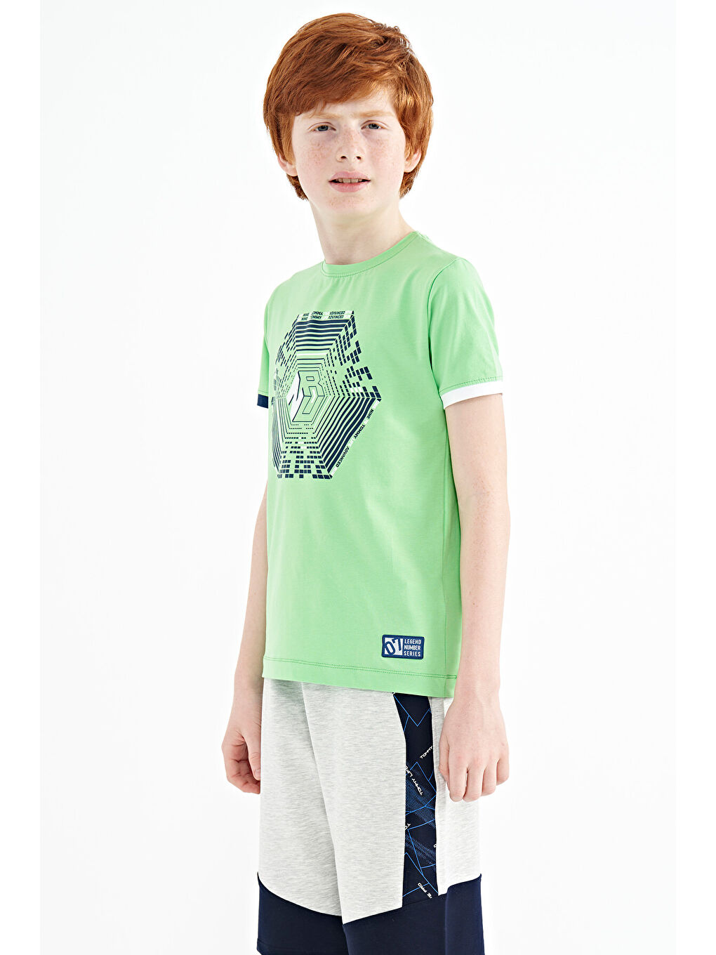Neon Yeşil Kol Ucu Renkli Detaylı Baskılı Standart Kalıp Erkek Çocuk Tişört - 11156-6