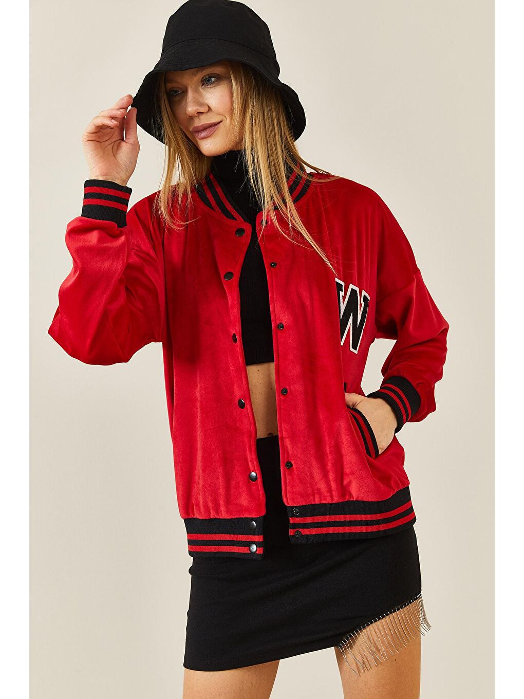 Kırmızı Şeritli Kadife Bomber Ceket 3KXK4-46853-04-3