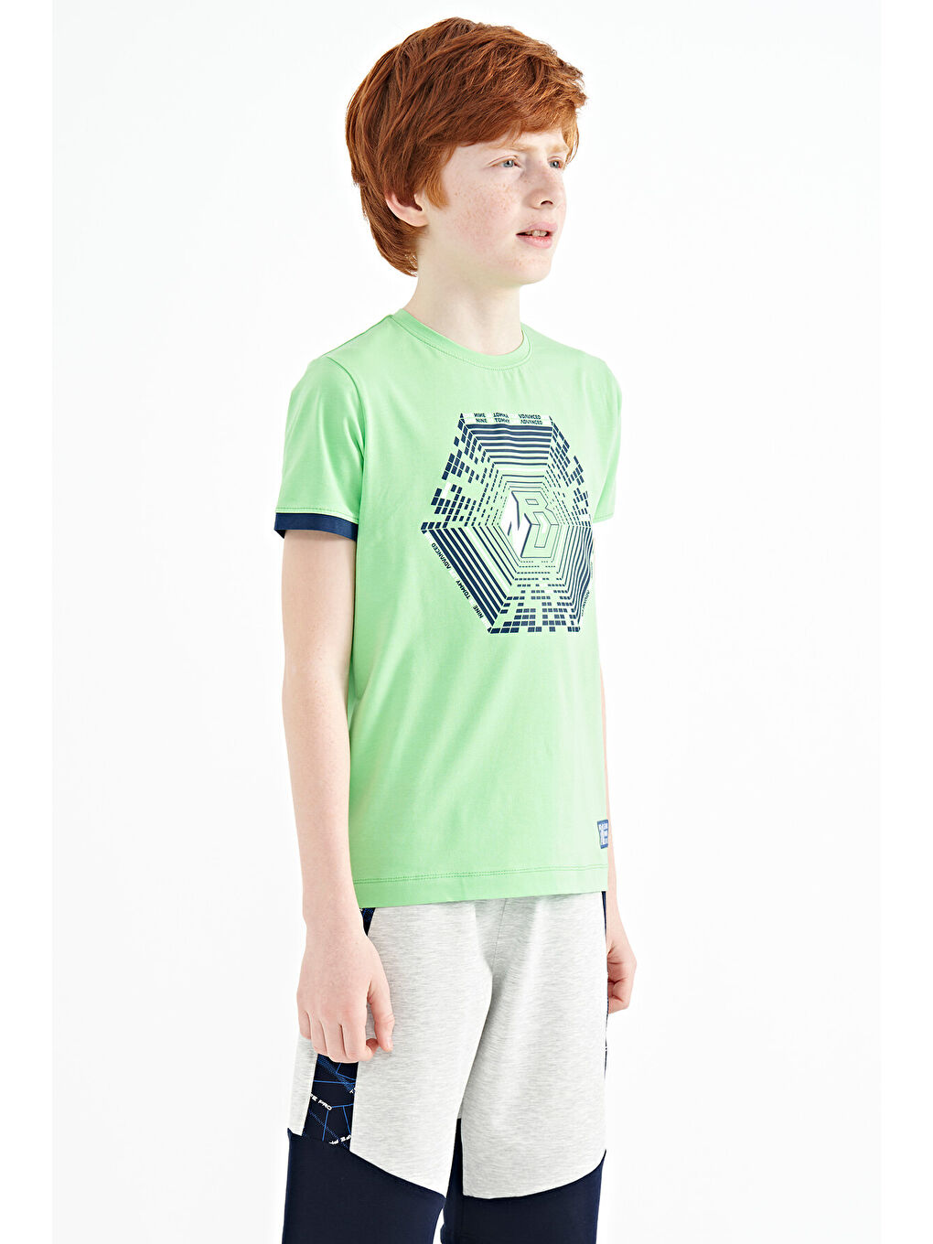 Neon Yeşil Kol Ucu Renkli Detaylı Baskılı Standart Kalıp Erkek Çocuk Tişört - 11156-8