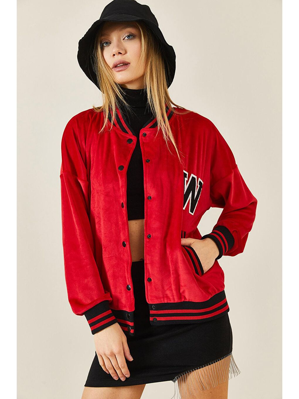 Kırmızı Şeritli Kadife Bomber Ceket 3KXK4-46853-04-4