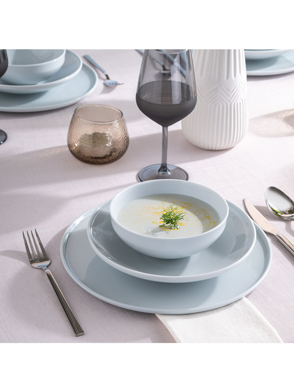 Beyaz Sara 18 Parça 6 kişilik Yemek Takımı Gri-5