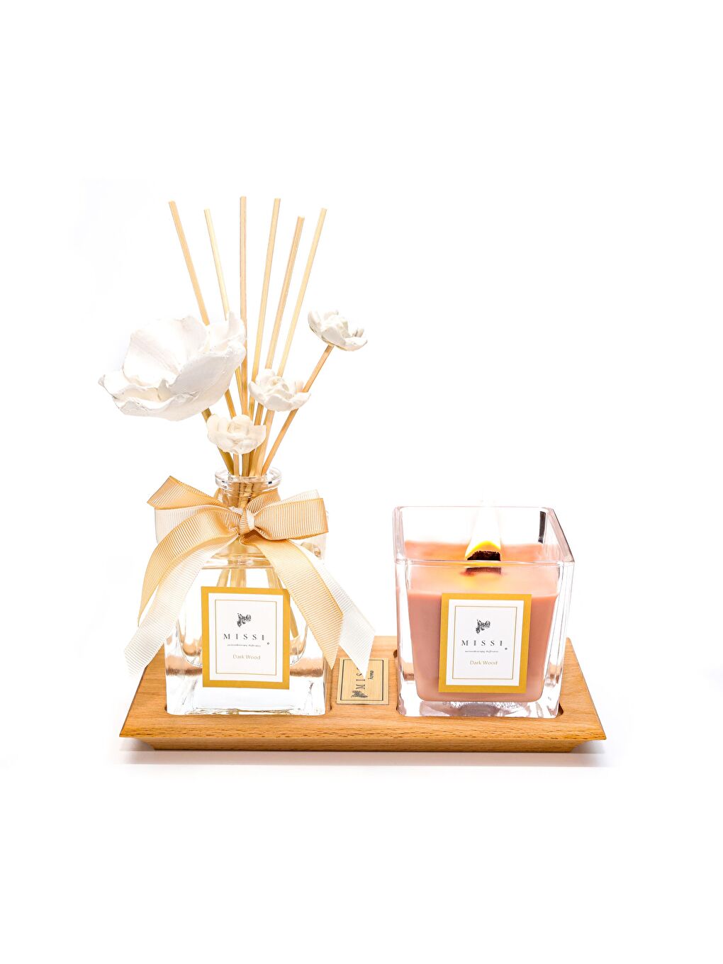 Kahverengi Masif Ahşap Tepsili Oud Oda Kokusu ve Mum Seti-1