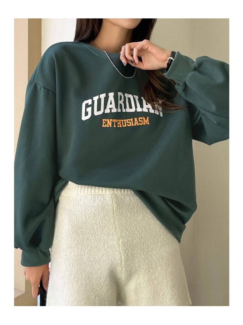 Trendseninle Yeşil Kadın Guardıan Baskılı Oversize Bisiklet Yaka Sweatshirt - 4