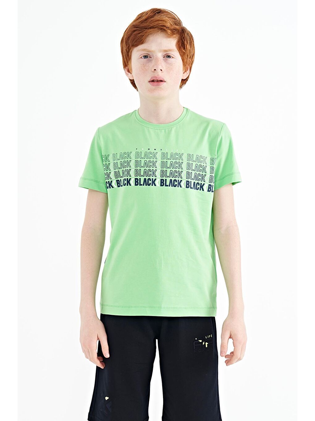 Neon Yeşil Yazı Baskılı O Yaka Standart Kalıp Erkek Çocuk Tişört - 11149