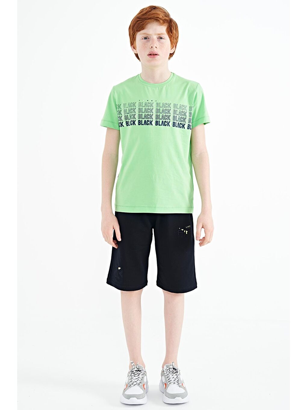 Neon Yeşil Yazı Baskılı O Yaka Standart Kalıp Erkek Çocuk Tişört - 11149-2