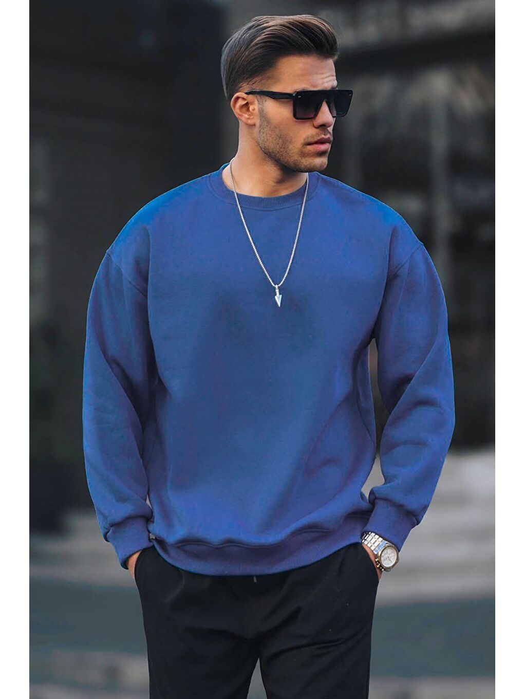 Mavi Saks Bisiklet Yaka Oversize Şardonlu Basic Erkek Sweatshirt 6048