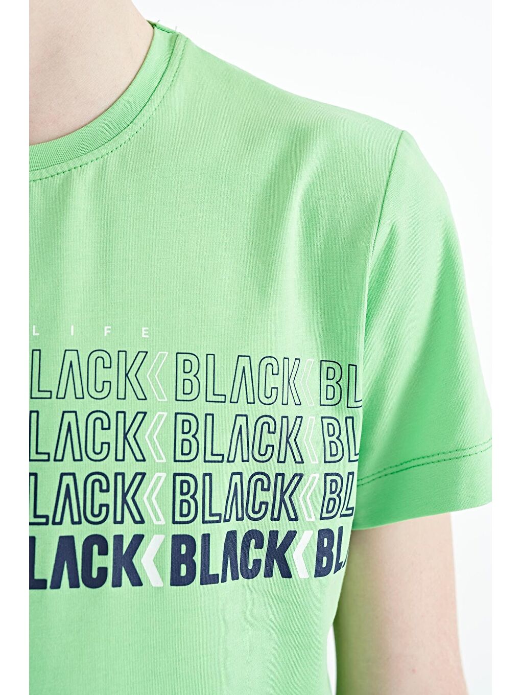 Neon Yeşil Yazı Baskılı O Yaka Standart Kalıp Erkek Çocuk Tişört - 11149-4