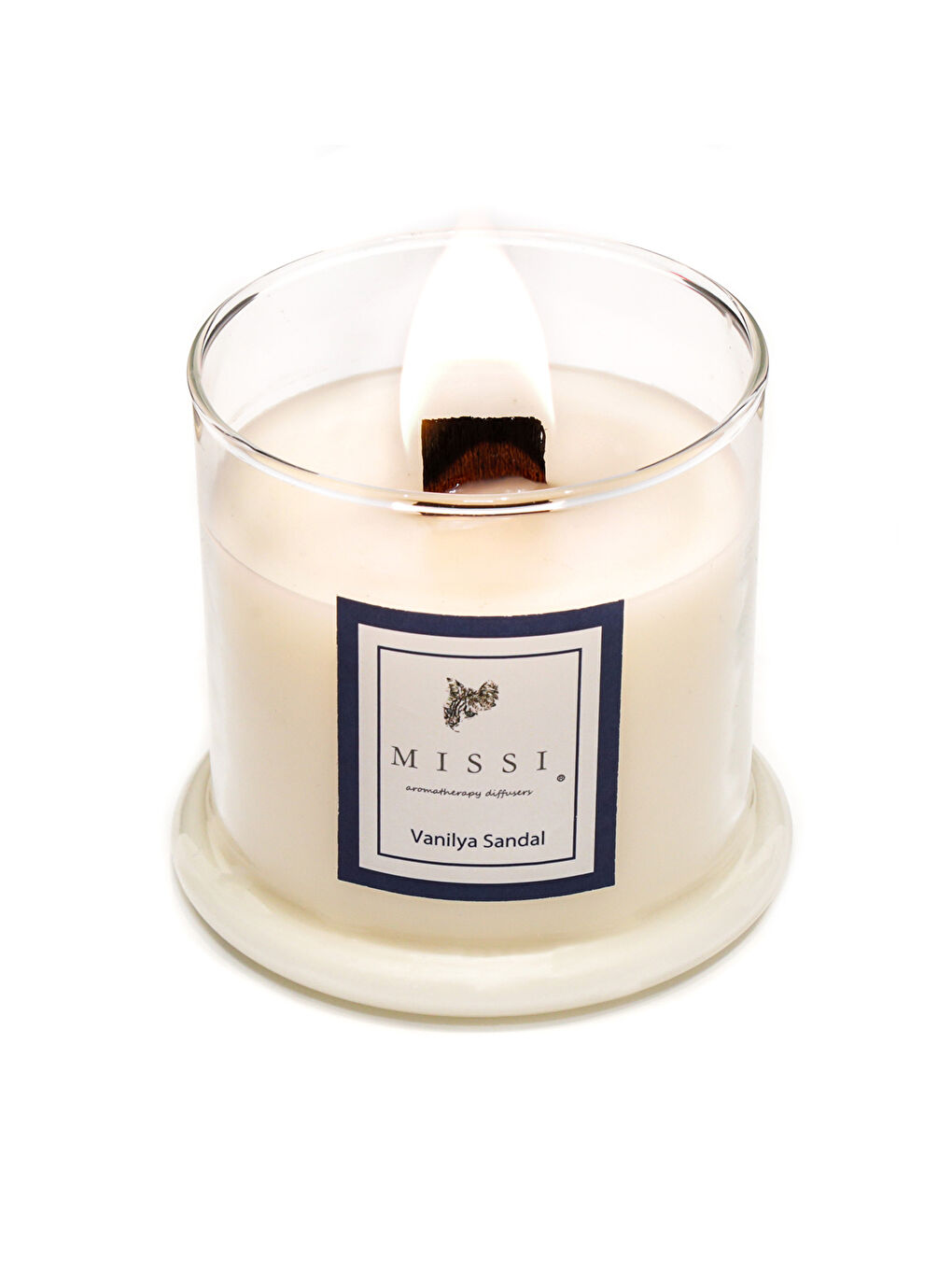 Ekru Üfleme Cam Ahşap Fitilli Vanilya Sandal Vegan Mum(140 gr)