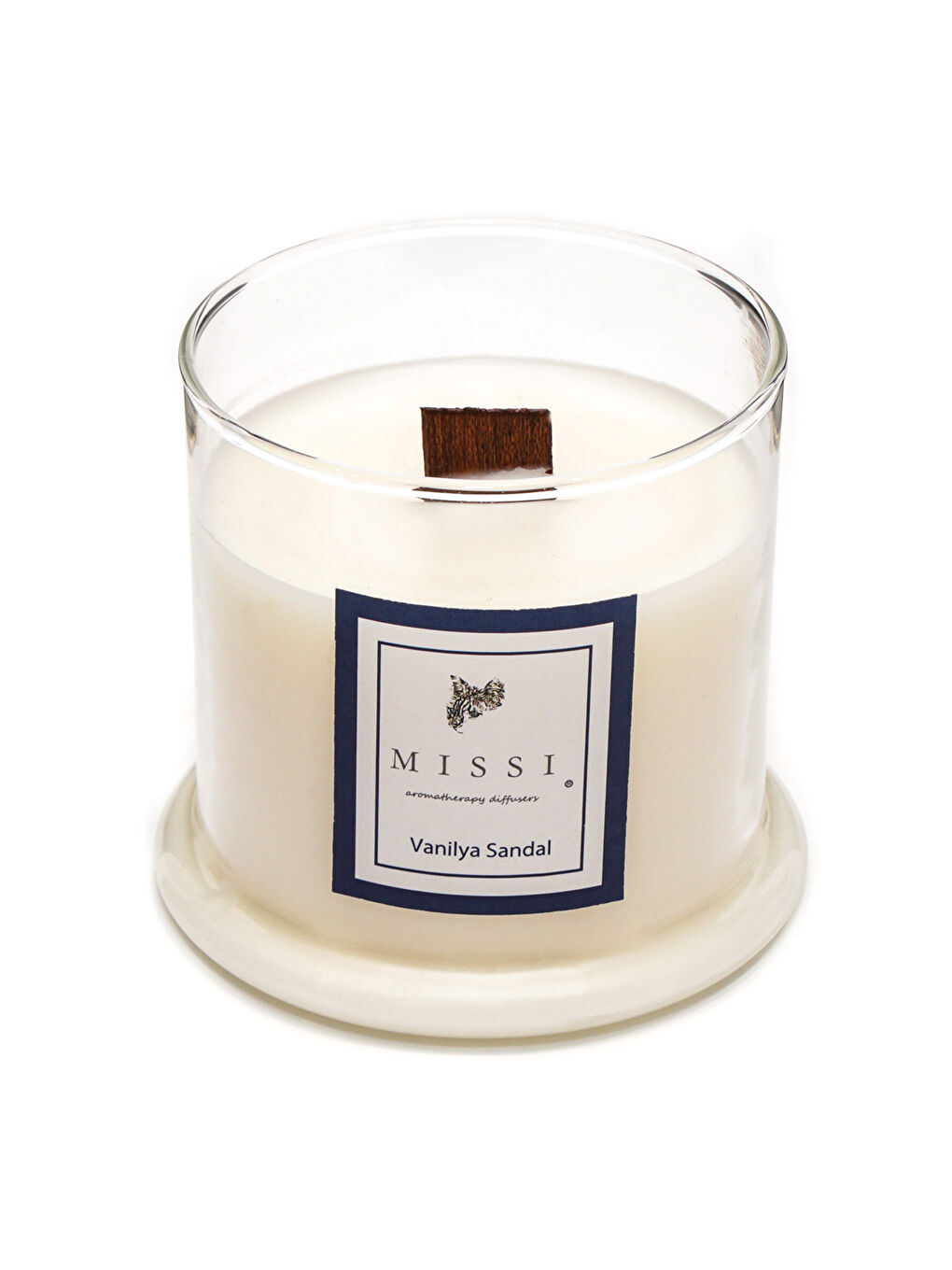 Ekru Üfleme Cam Ahşap Fitilli Vanilya Sandal Vegan Mum(140 gr)-1