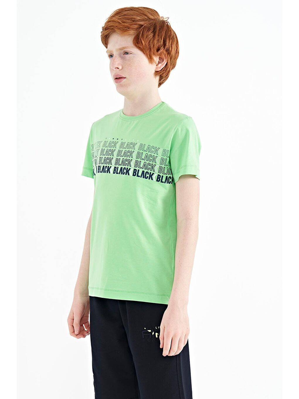 Neon Yeşil Yazı Baskılı O Yaka Standart Kalıp Erkek Çocuk Tişört - 11149-8