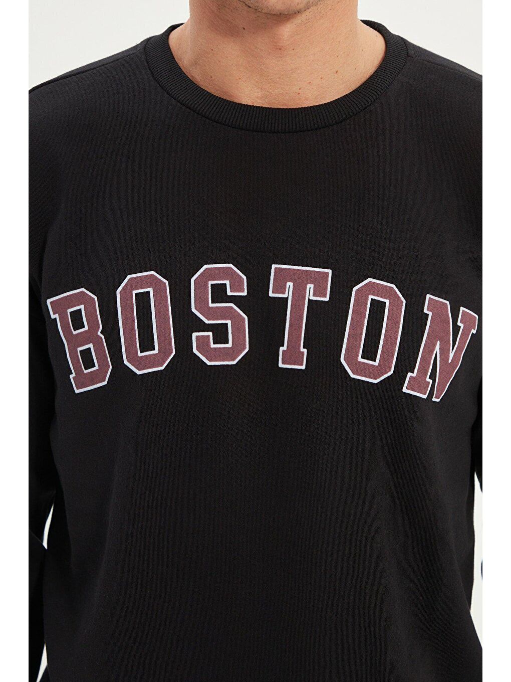 Trendseninle Siyah SİYAH Erkek Boston Baskılı Uzun Kollu Bisiklet Yaka Baskılı Sweatshirt - 3