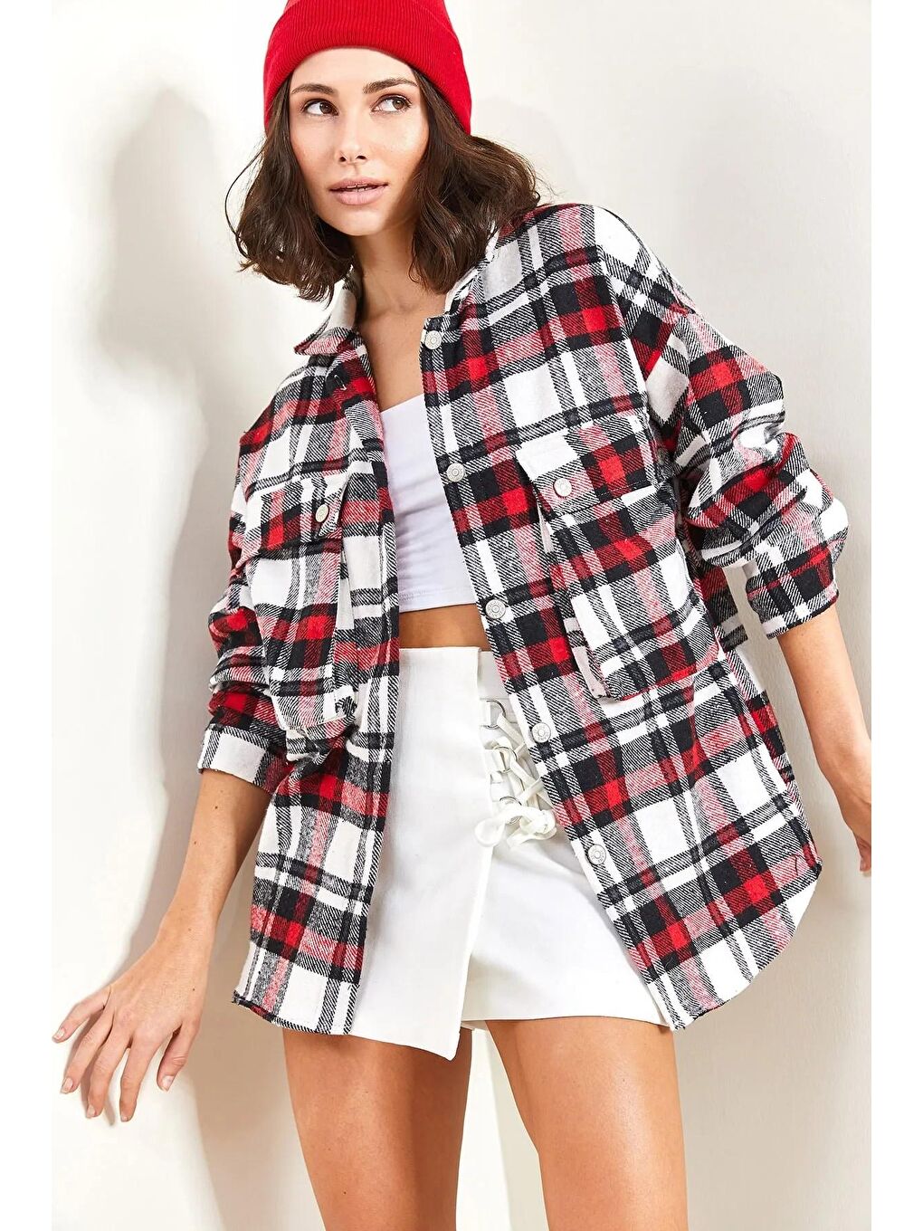 Kırmızı Kadın Körüklü Cep Ekose Oduncu Gömlek 4594