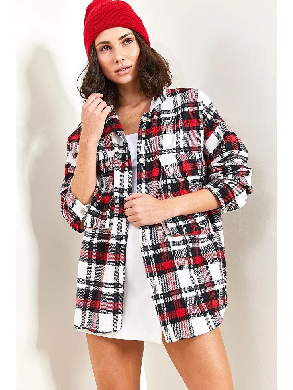 Kırmızı Kadın Körüklü Cep Ekose Oduncu Gömlek 4594-1