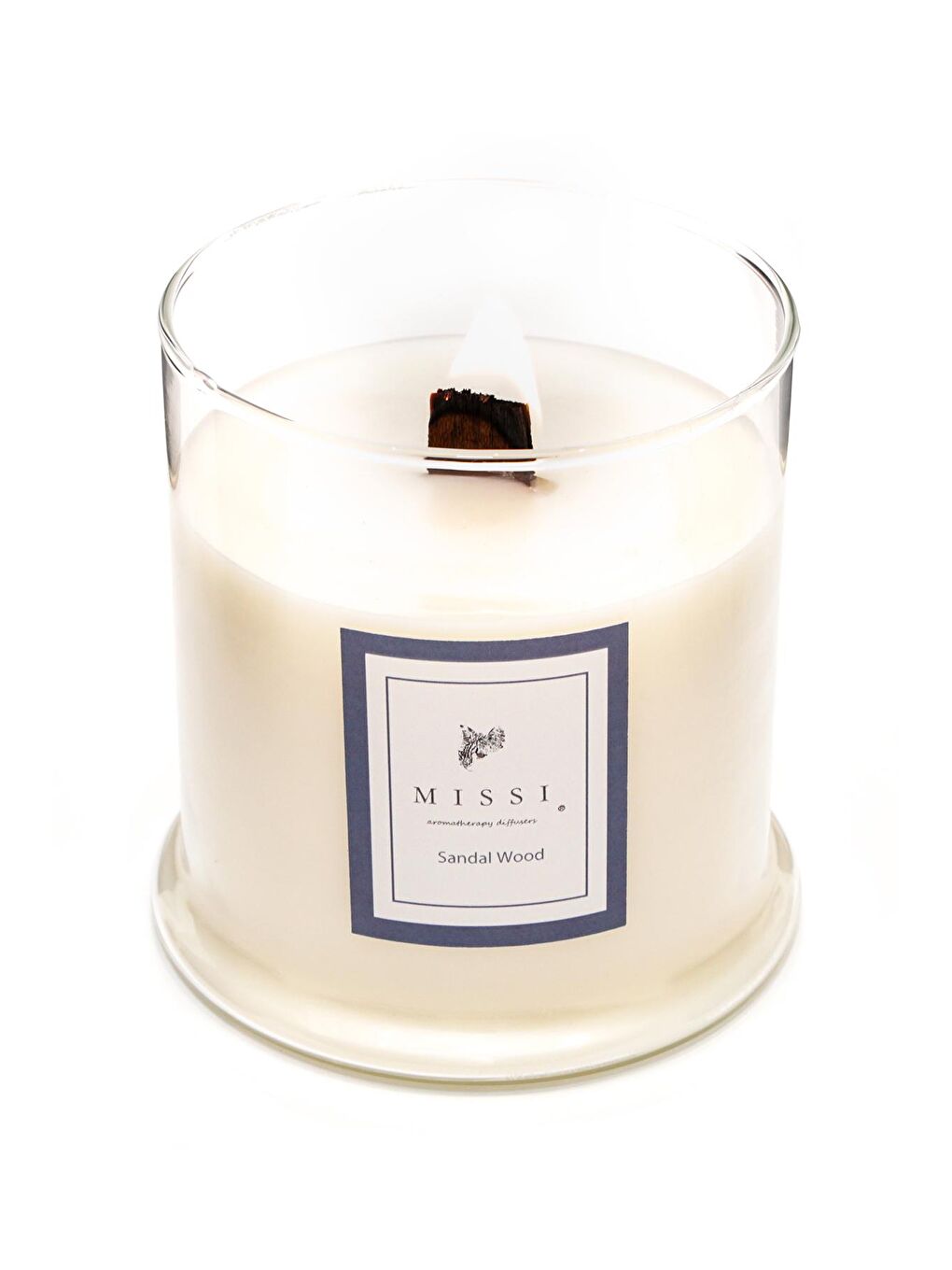 Ekru Büyük Üfleme Cam Ahşap Fitilli Sandal Wood Vegan Mum (380 GR)